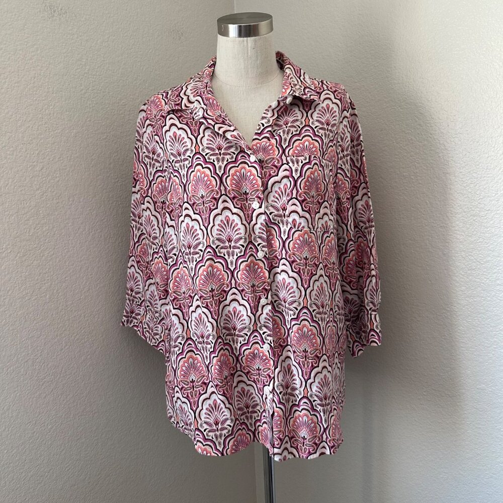 Chico's No Iron Linen Button Up Casual Blouse 3/4 Sleeve Chest Pocket Pink Paisl